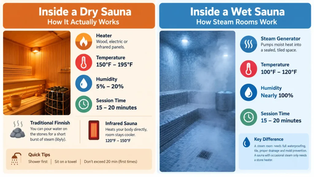Inside a Dry Sauna and Inside a Wet Sauna