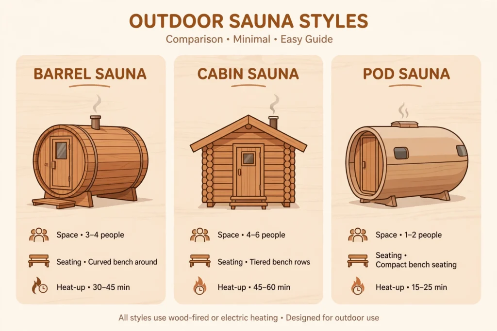 Barrel vs cabin vs pod sauna comparison showing the three outdoor sauna styles side by side