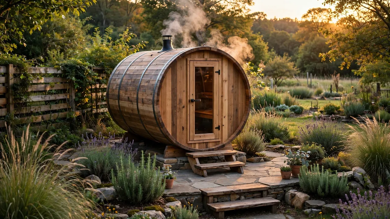 Wooden barrel outdoor sauna on a stone patio base in a backyard garden