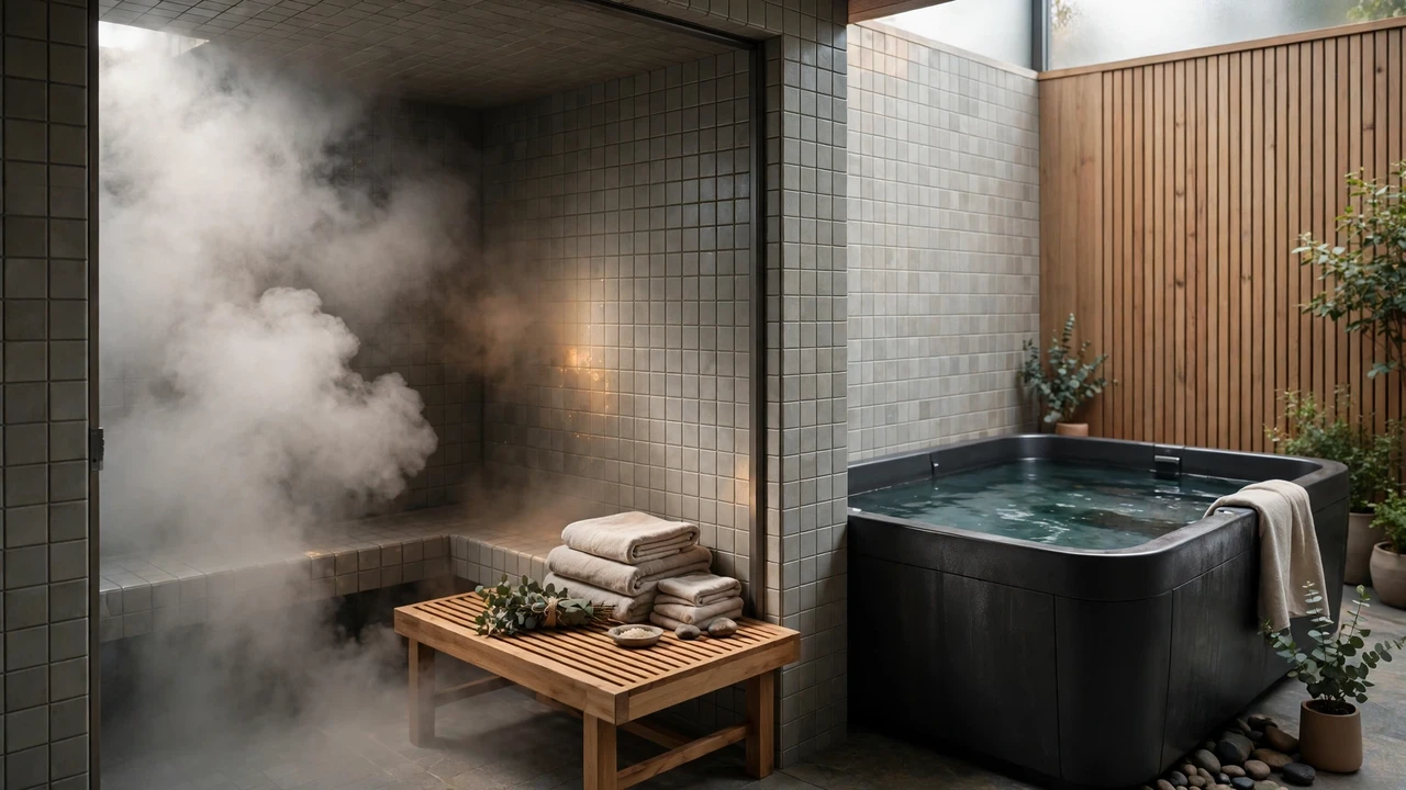 Steam room with billowing steam beside a cold plunge tub for a steam sauna cold plunge routine