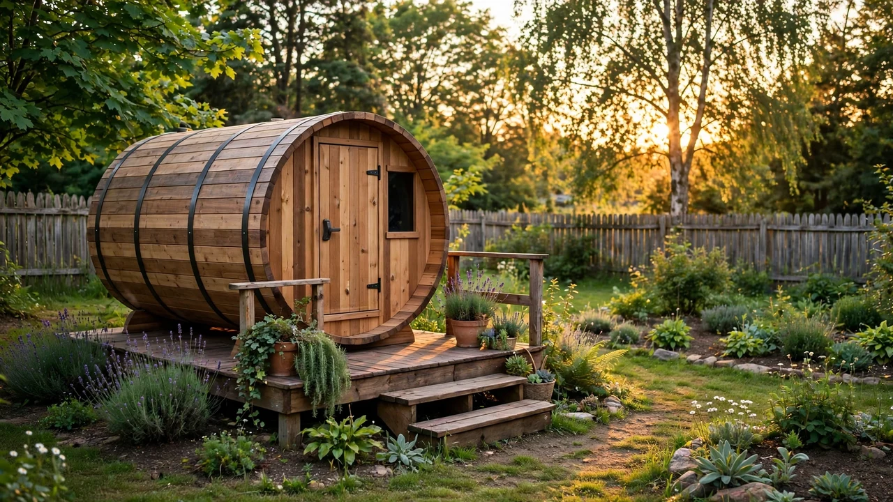 Wooden outdoor sauna in a backyard garden, showing a typical outdoor sauna permit placement to check against local rules