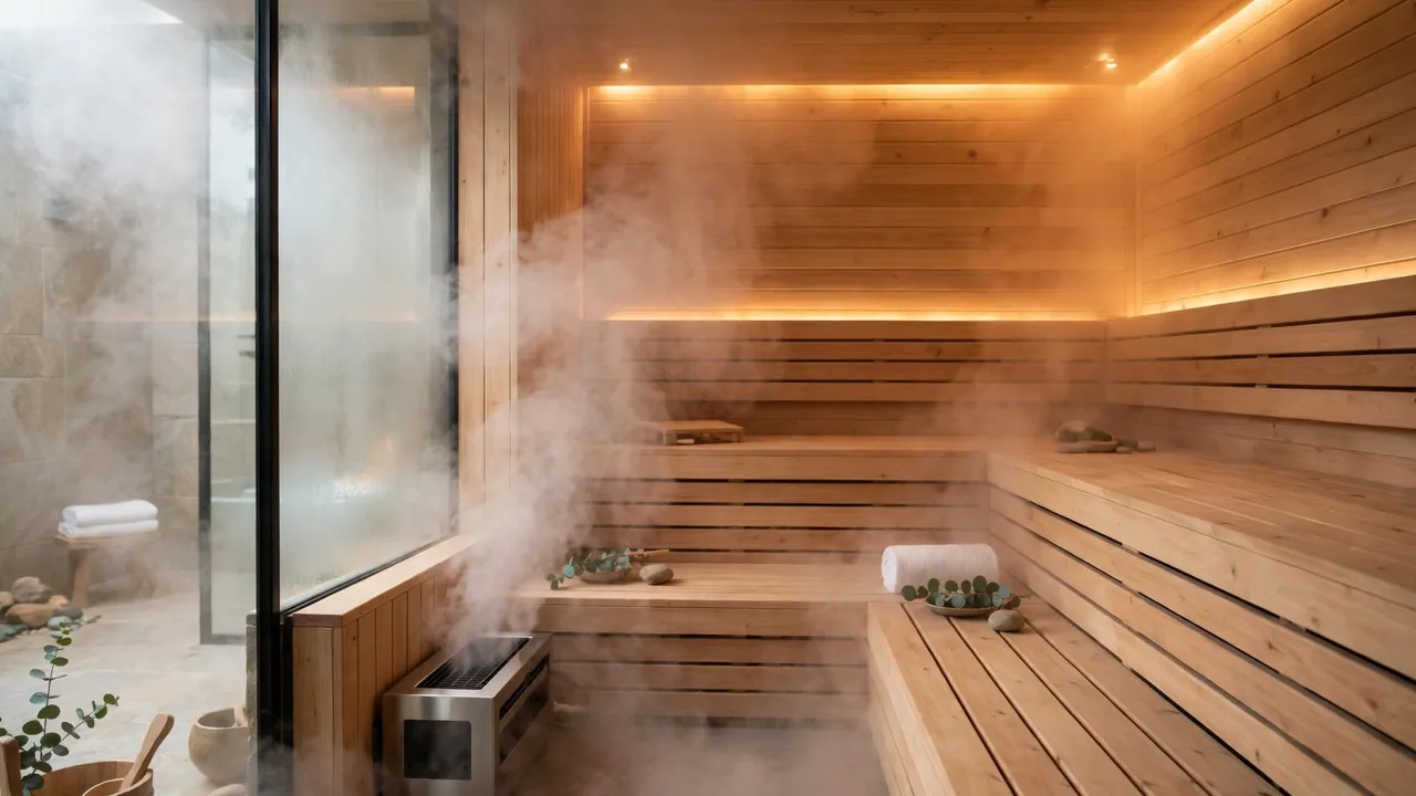 Steam-filled home steam sauna room with wooden bench seating