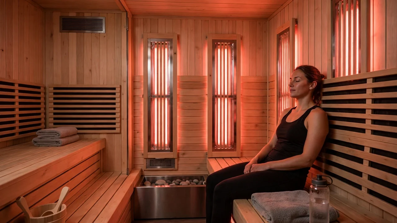 Person relaxing in an infrared sauna after a workout, with warm wooden benches and glowing infrared panels