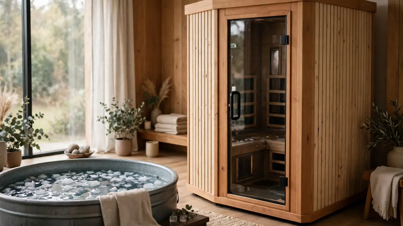 Beginner infrared sauna cold plunge contrast therapy session with a sauna cabin beside a cold plunge tub