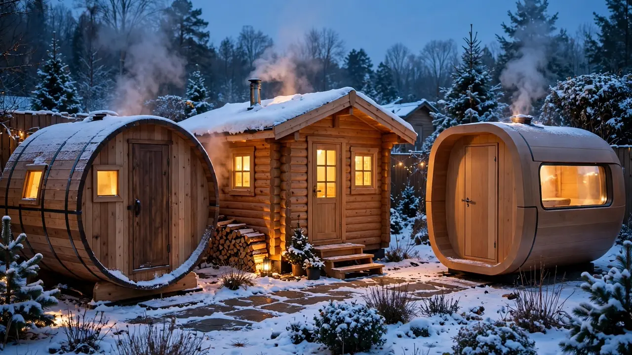 Barrel vs cabin vs pod sauna comparison in a garden at dusk