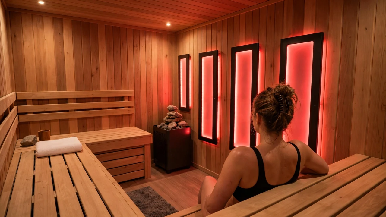 Infrared sauna cabin with red light therapy panels glowing over cedar benches — stacking red light therapy and infrared sauna