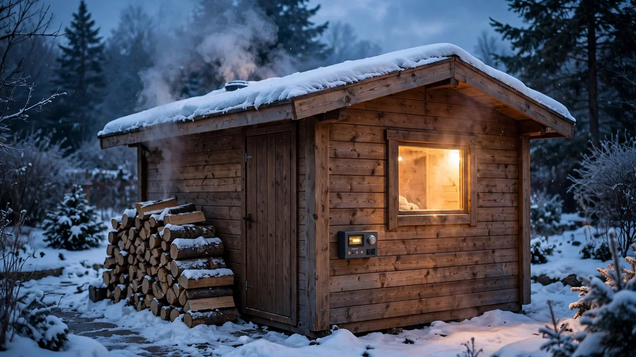 Outdoor sauna cabin at dusk comparing a wood fired vs electric sauna heater