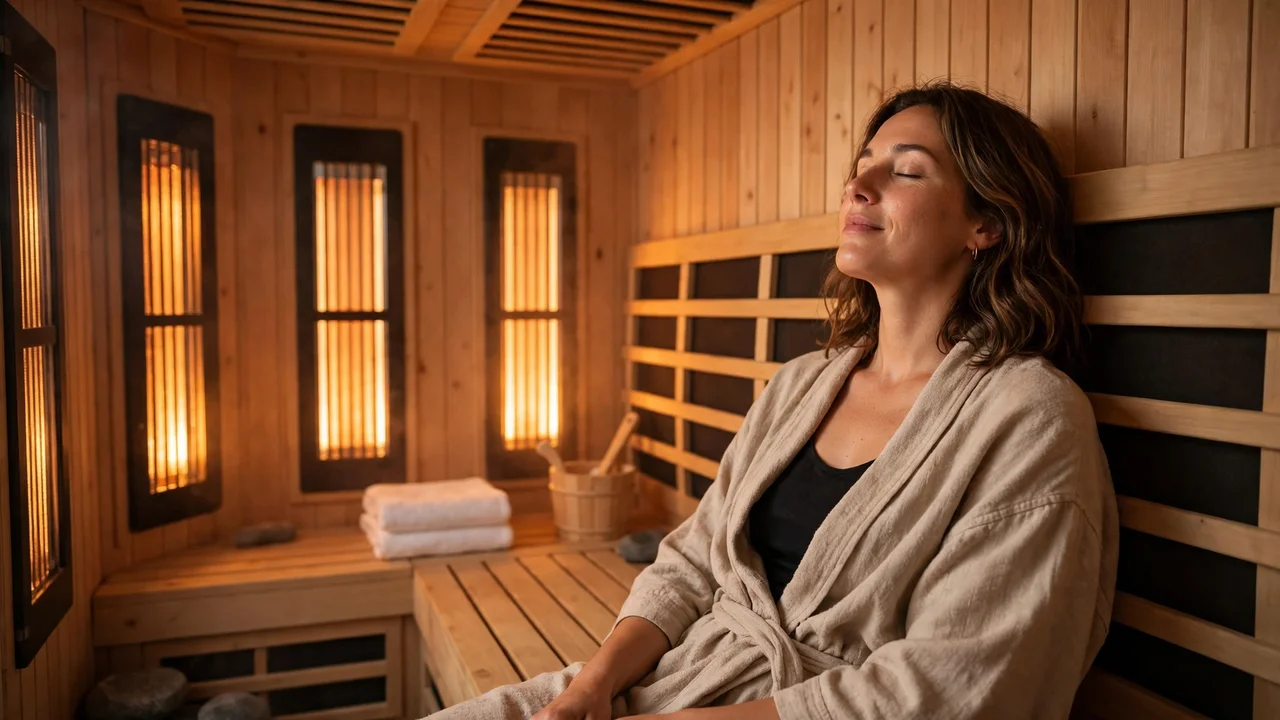 Person relaxing in an infrared sauna as heat shock proteins sauna response begins
