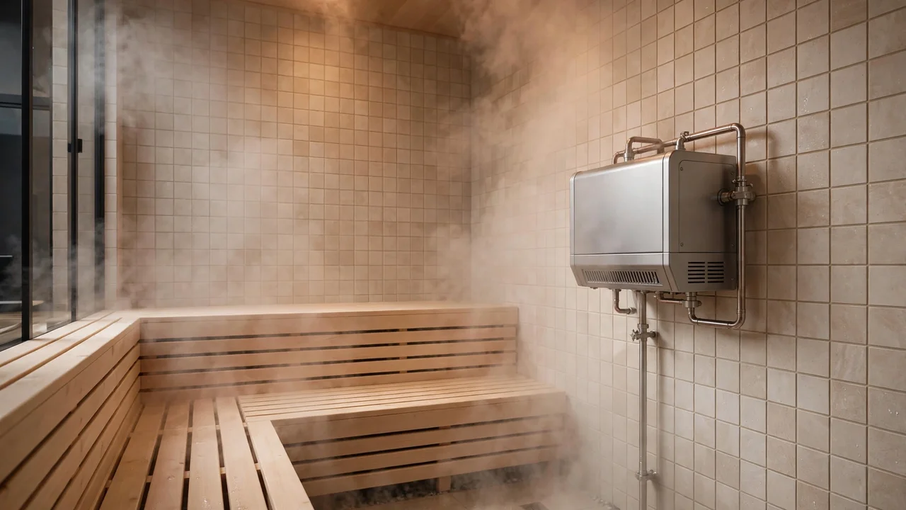 Steam generator maintenance for a home steam sauna with a wall-mounted generator unit