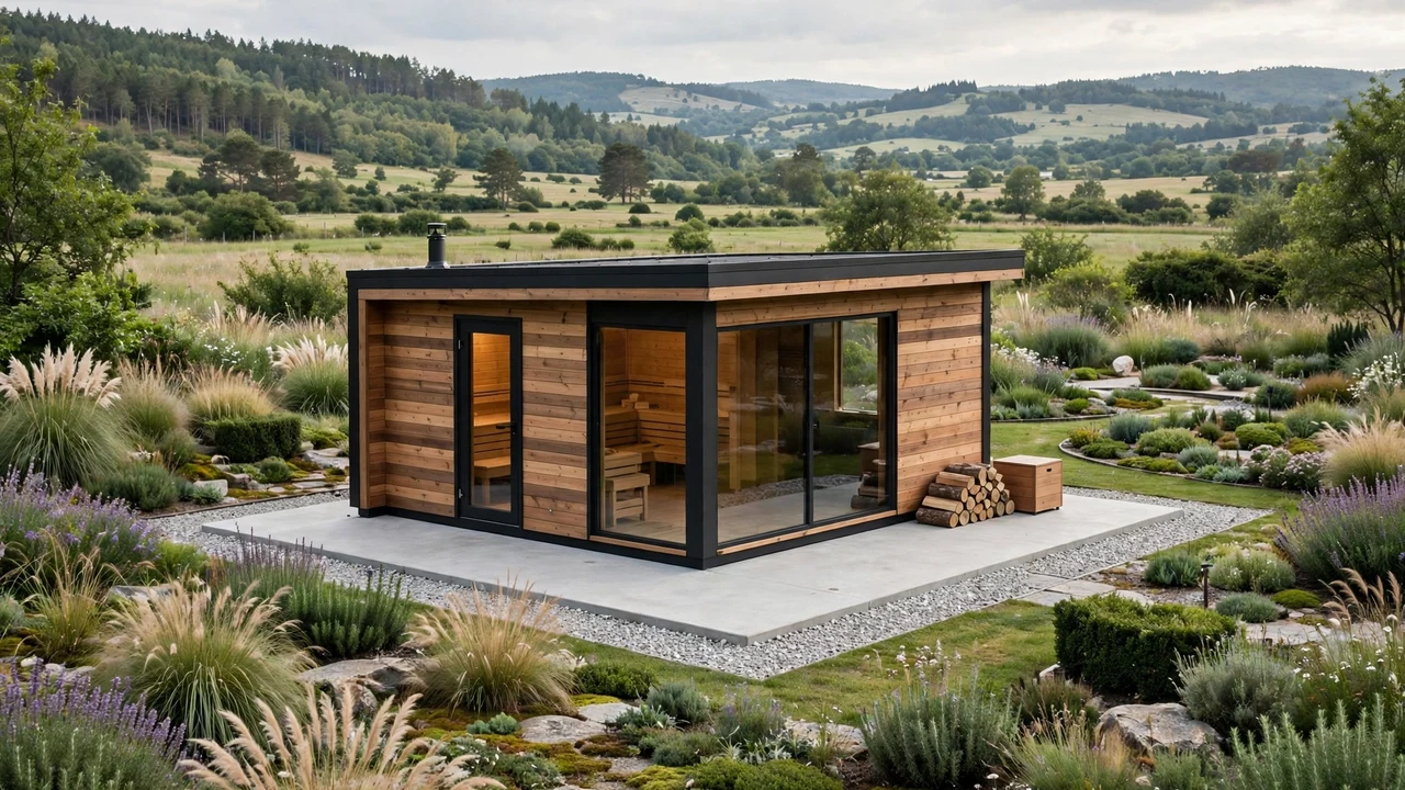 Modern wooden outdoor cabin sauna on a concrete slab foundation with gravel border in a landscaped garden — the best foundation for outdoor sauna choice for a permanent cabin sauna