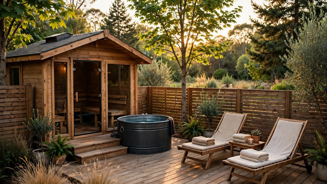 Backyard outdoor sauna cold plunge setup with a wooden sauna cabin, plunge tub and rest area