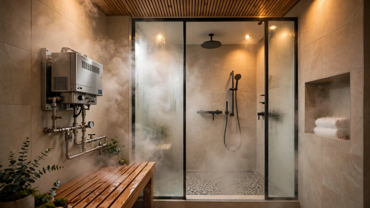 Tiled home steam sauna room showing steam sauna electrical requirements planning, generator and control panel