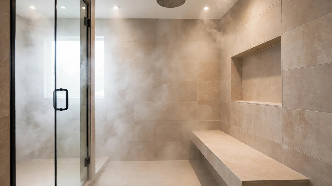 Modern tiled steam shower with glass door, bench and soft steam for a steam shower cost guide