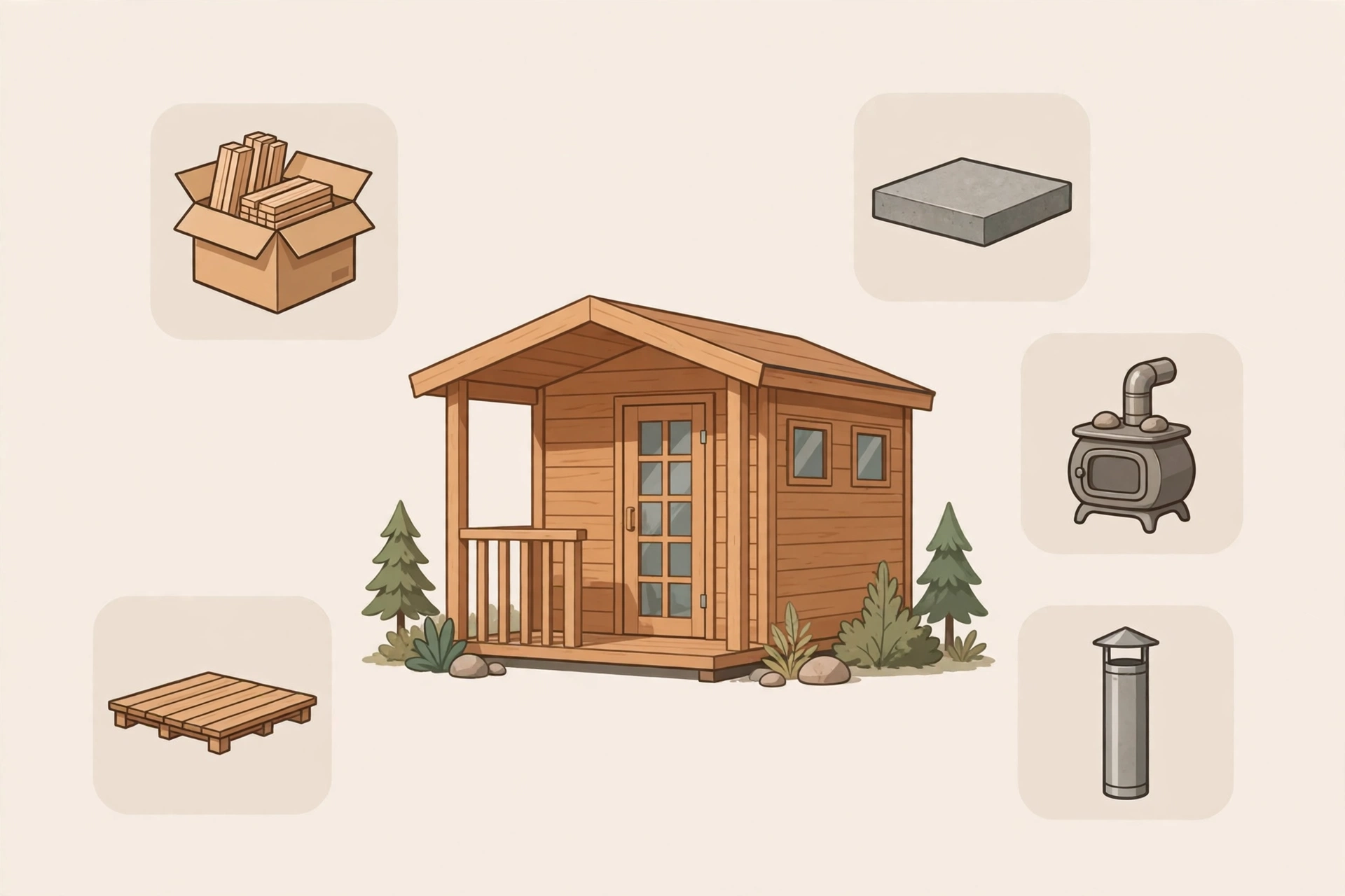Outdoor sauna cost breakdown showing kit, base, heater and installation parts