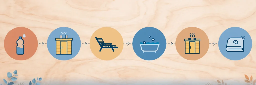 Infrared sauna cold plunge beginner protocol timeline: sauna, rest, cold dip, sauna, finish warm