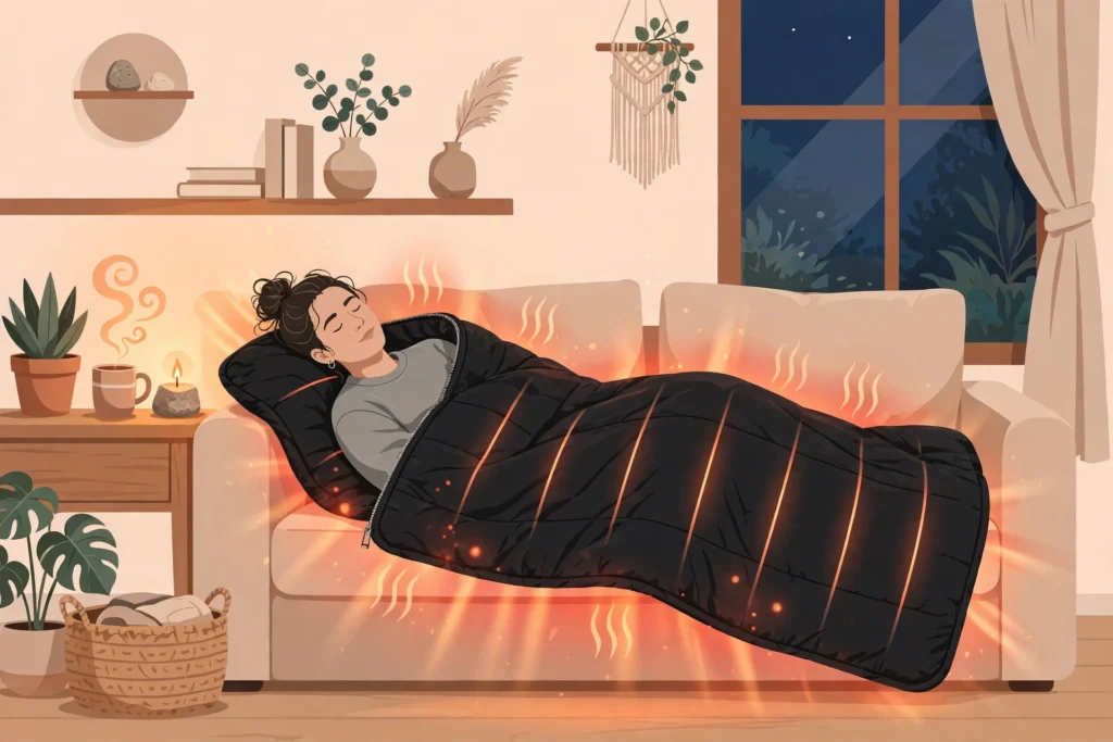 Person relaxing in a sauna blanket vs infrared sauna cabin at home
