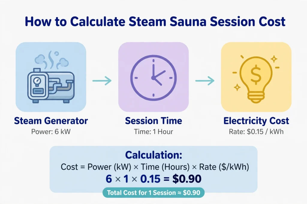 Infographic showing the steam sauna session cost formula using generator power, session length, and electricity rate.
