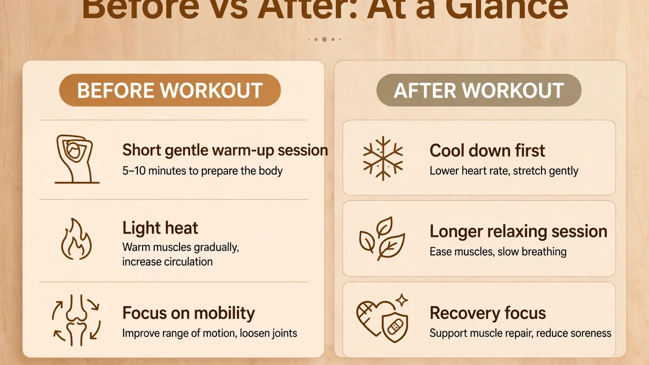 Before vs after workout infrared sauna comparison showing short gentle warm-up sessions before training and longer relaxing sessions after cooling down