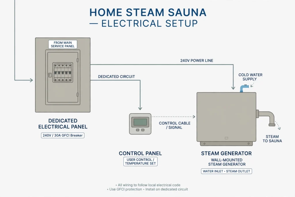Diagram of steam sauna electrical requirements: generator, dedicated circuit and control panel checklist