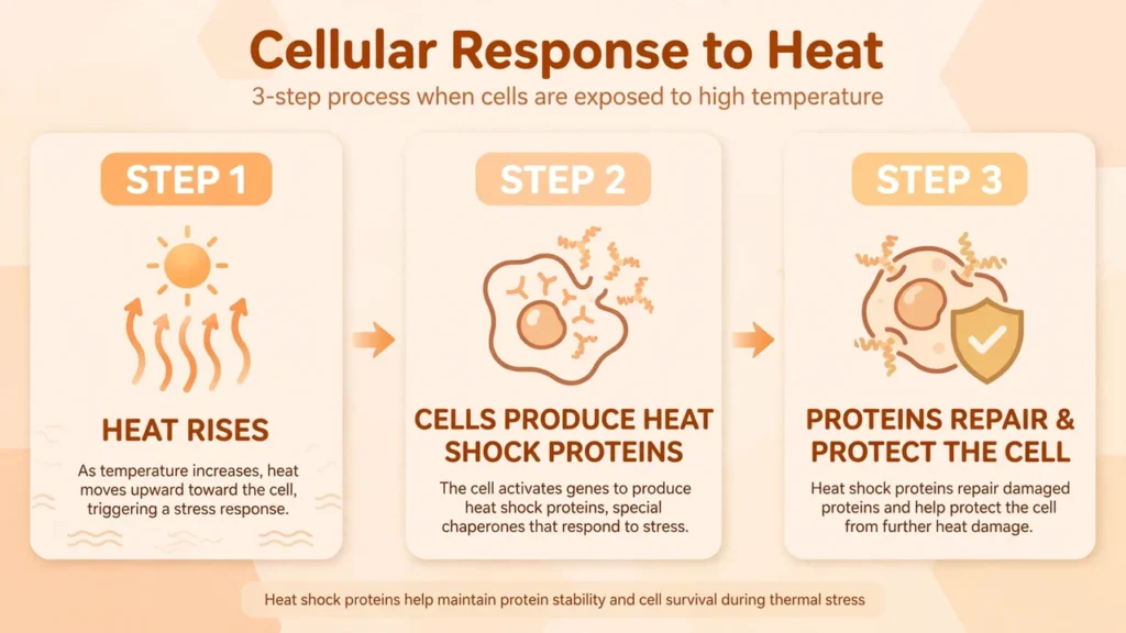 Infographic showing how heat shock proteins sauna heat triggers cellular repair
