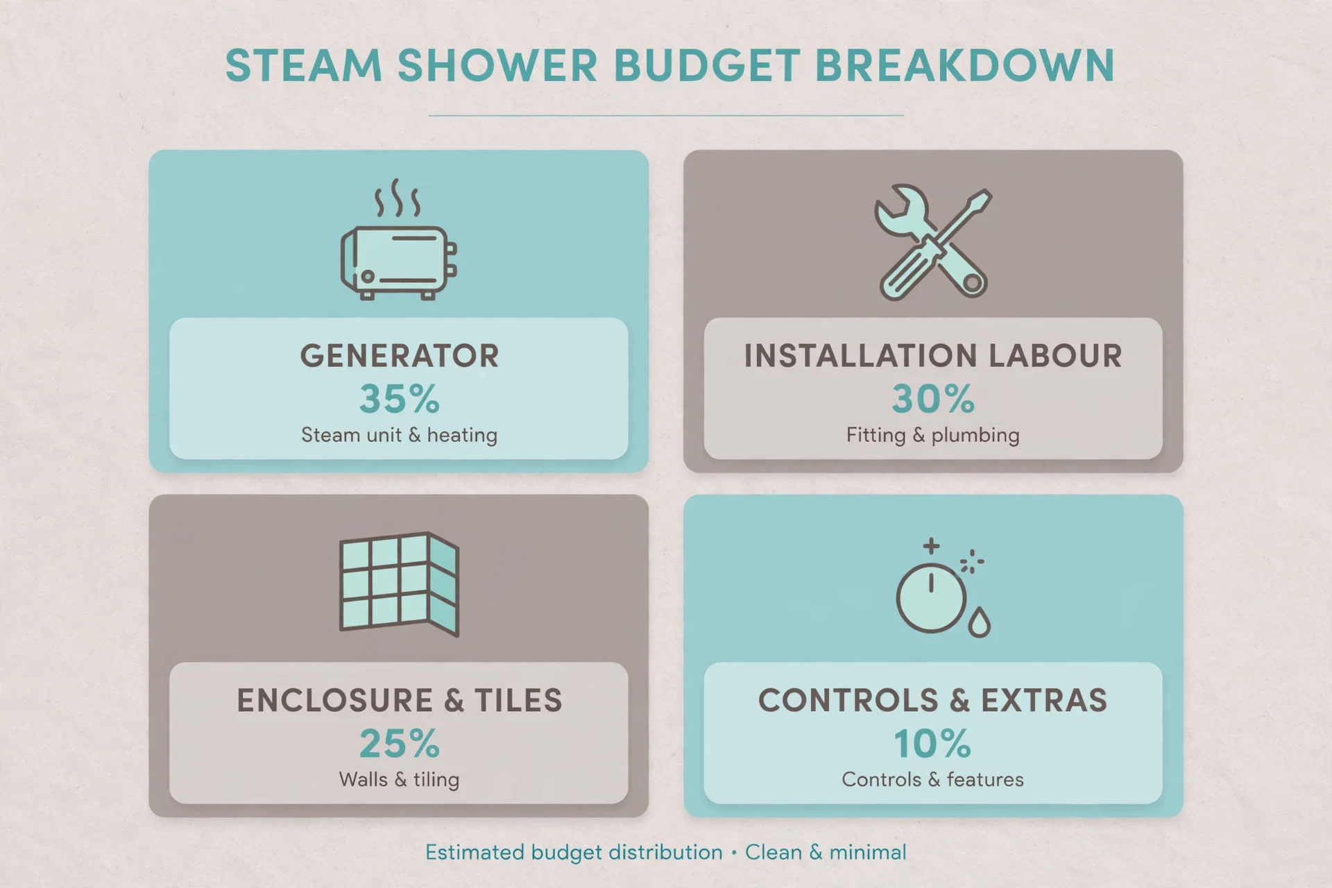 Steam shower cost breakdown infographic showing generator, installation, enclosure and extras