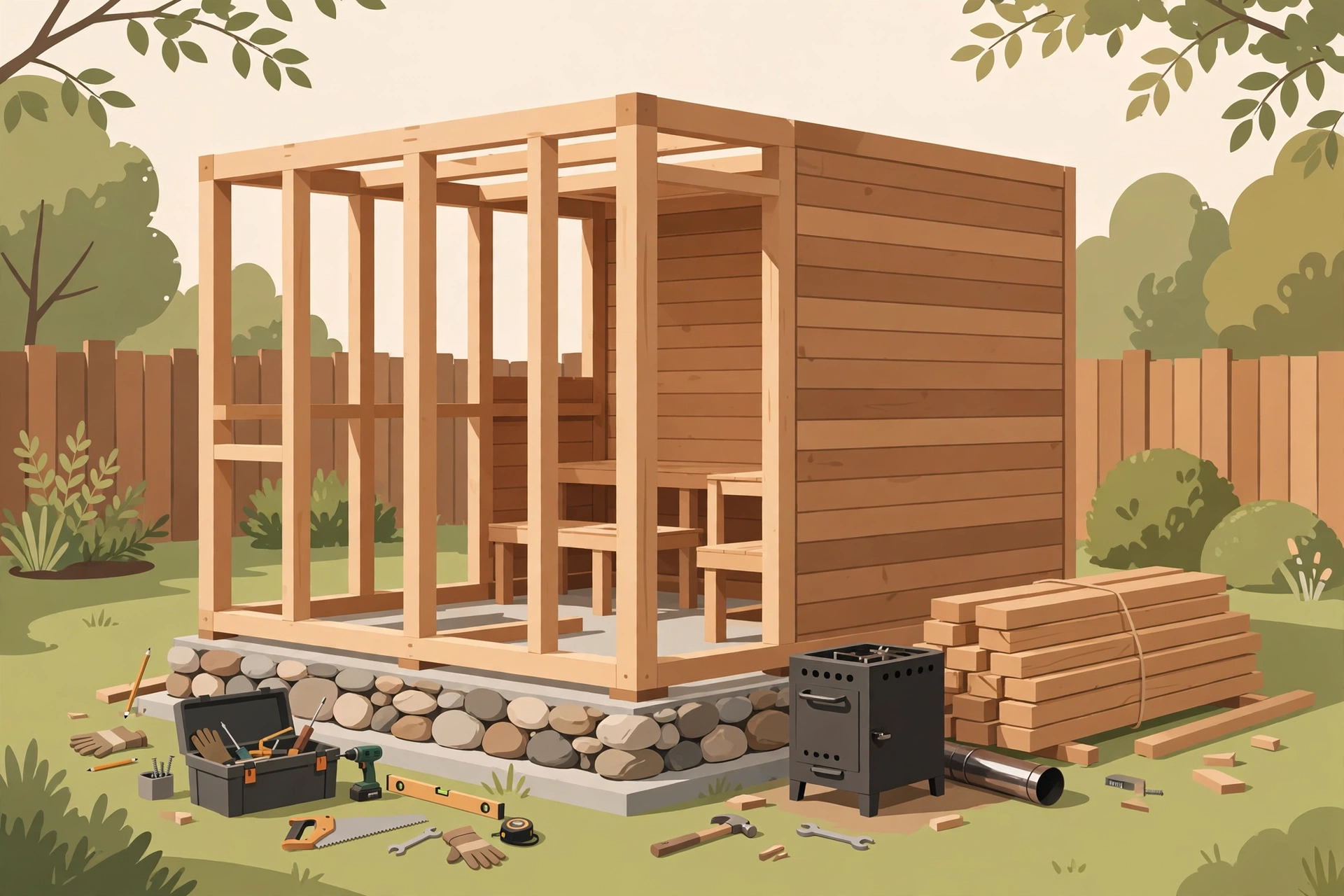 Outdoor sauna build in progress on a stone foundation with heater and timber