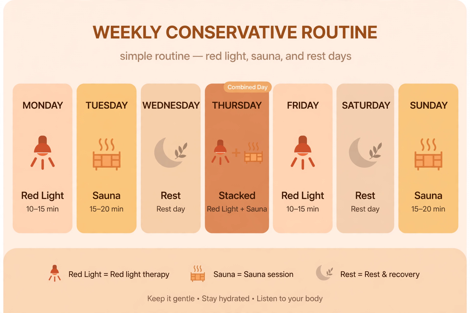 Weekly planner showing a conservative stacking red light therapy and infrared sauna routine with rest days