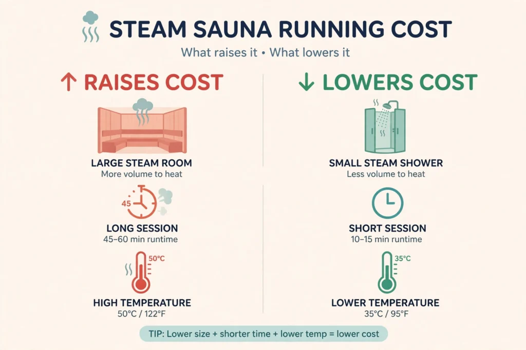 Infographic comparing factors that raise or lower steam sauna running costs, including room size, session length, and temperature.
