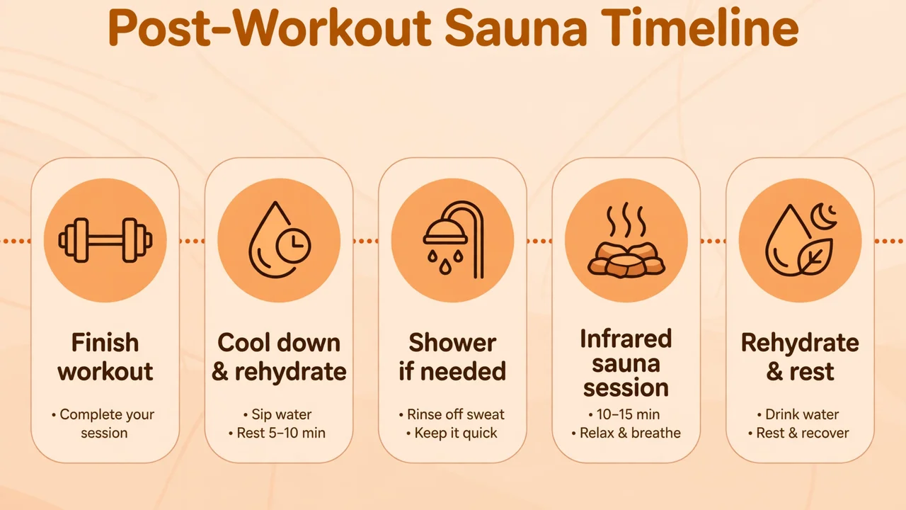 Post-workout infrared sauna timeline from finishing a workout through cooling down and rehydrating to a relaxing sauna session