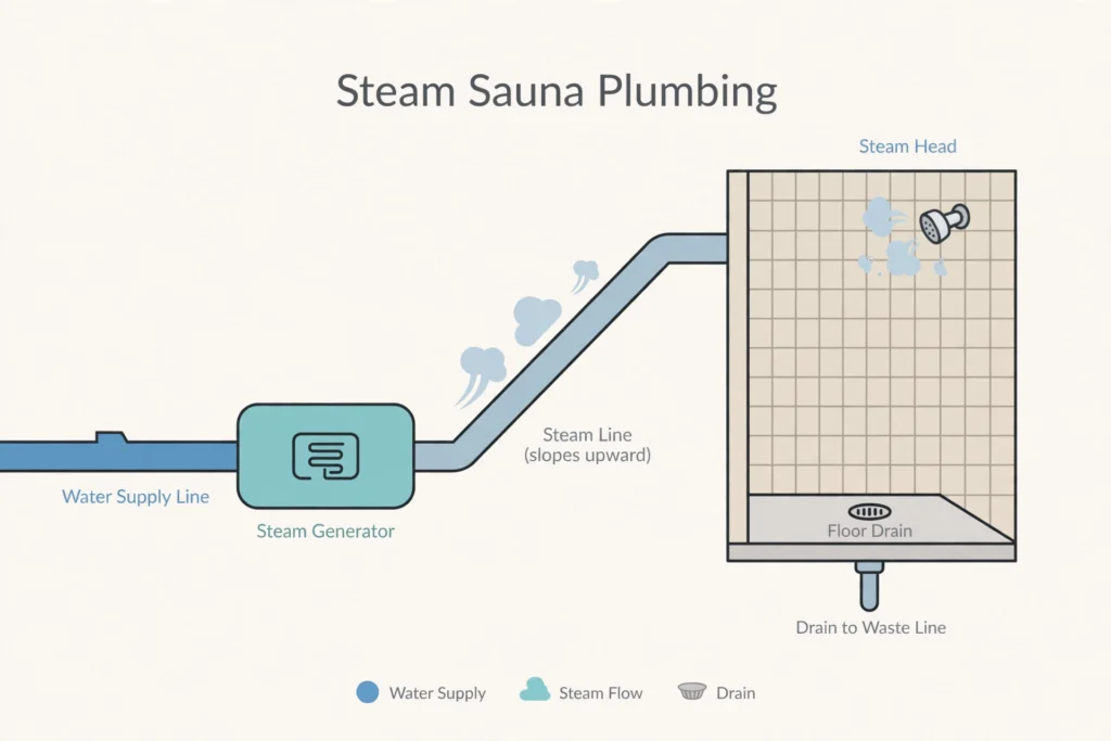 Diagram of steam sauna plumbing: water supply, steam line and floor drain layout