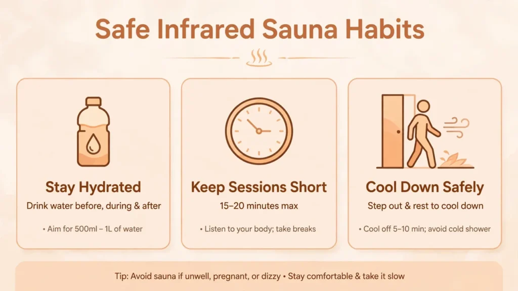 Infographic with safe infrared sauna session tips for heat shock proteins sauna routine