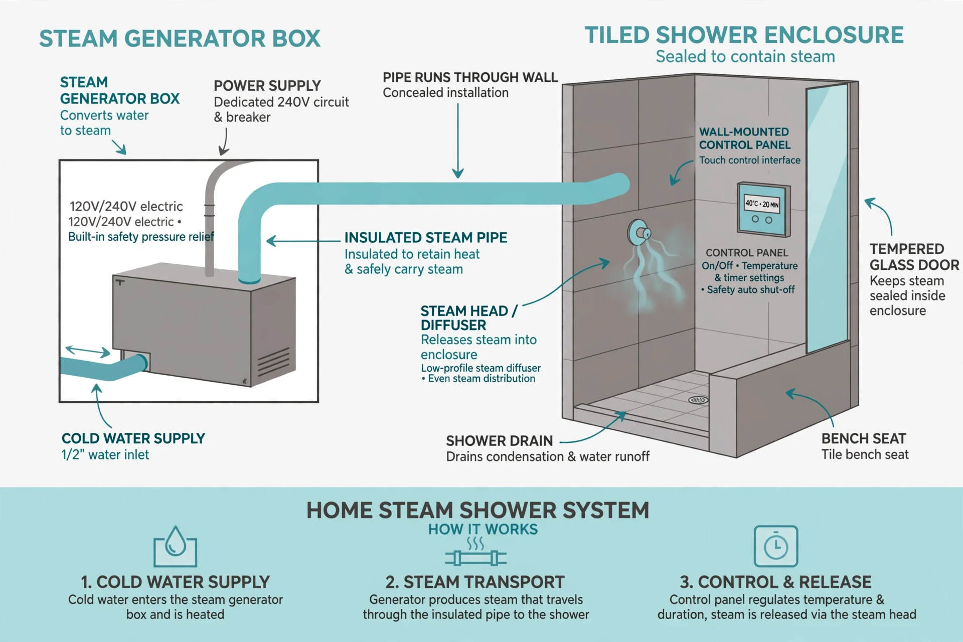 Diagram of a home steam shower system with generator, steam head and control panel for steam shower cost planning