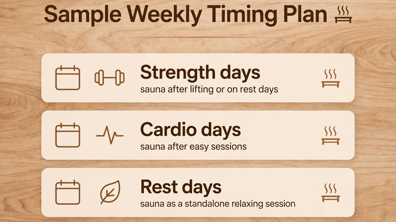 Sample weekly infrared sauna timing plan for strength days, cardio days and rest days