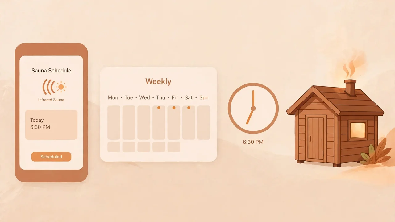 Smart infrared sauna app scheduling with a phone, calendar and clock beside a wooden sauna cabin