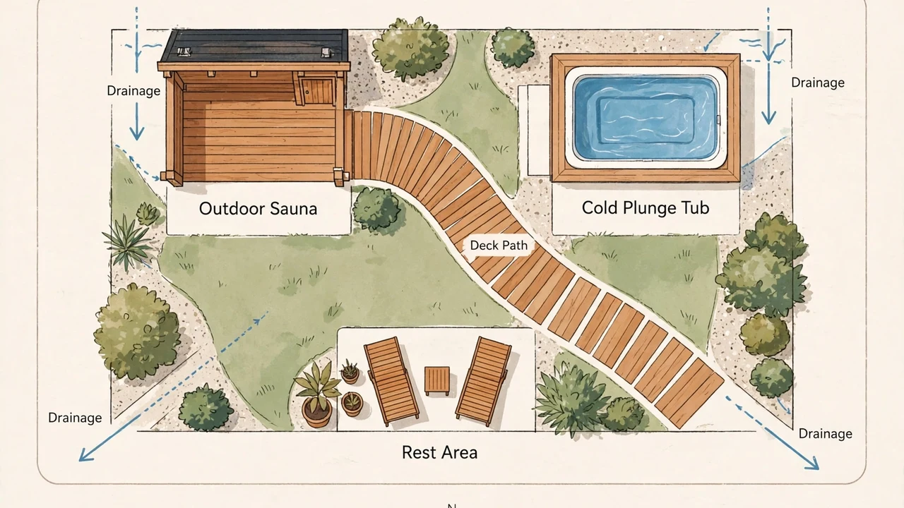 Backyard layout for an outdoor sauna cold plunge routine showing sauna, plunge, path and rest area