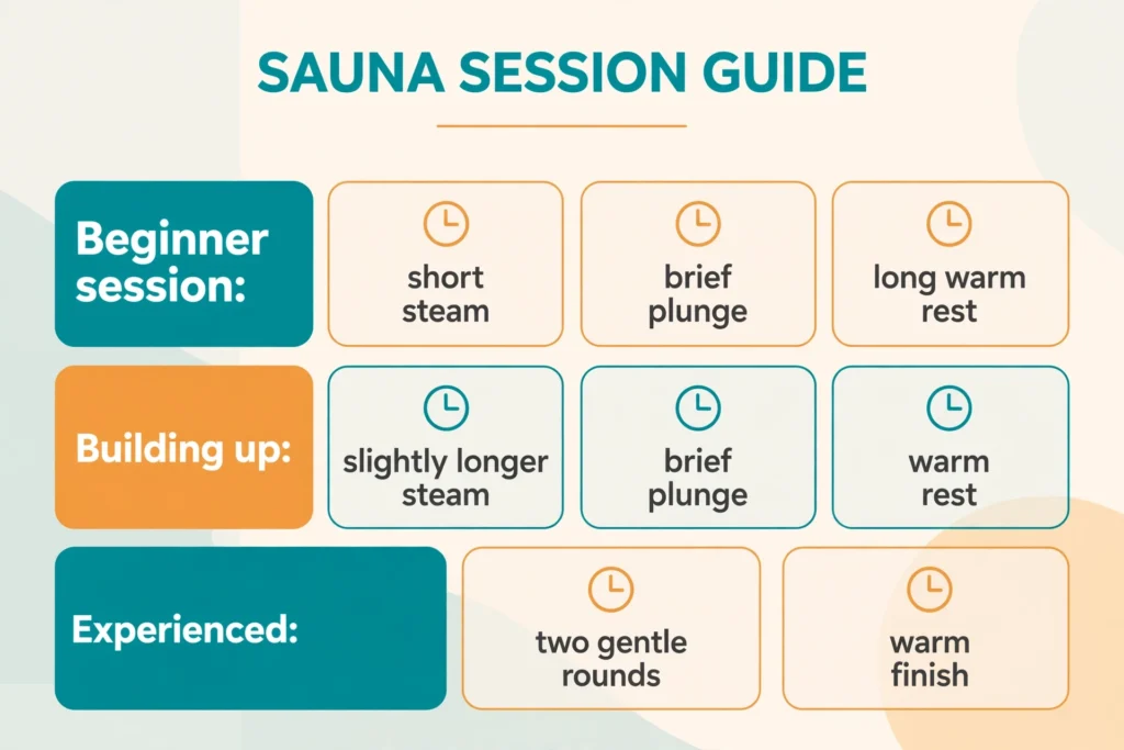 Beginner timing guide for a steam sauna cold plunge session with short steam, brief plunge and longer warm rest