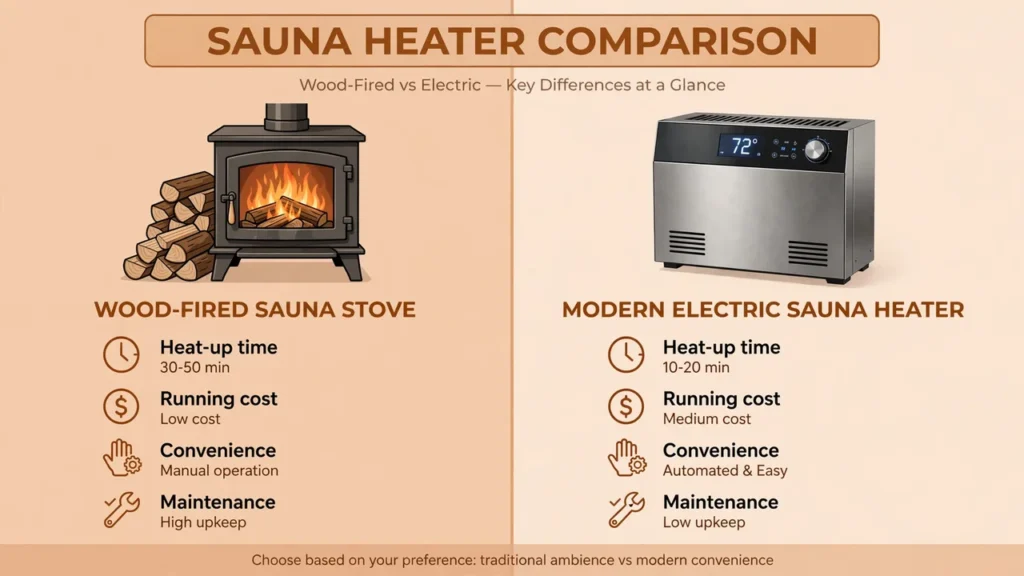 Comparison of wood fired vs electric sauna heater heat, cost, convenience and maintenance
