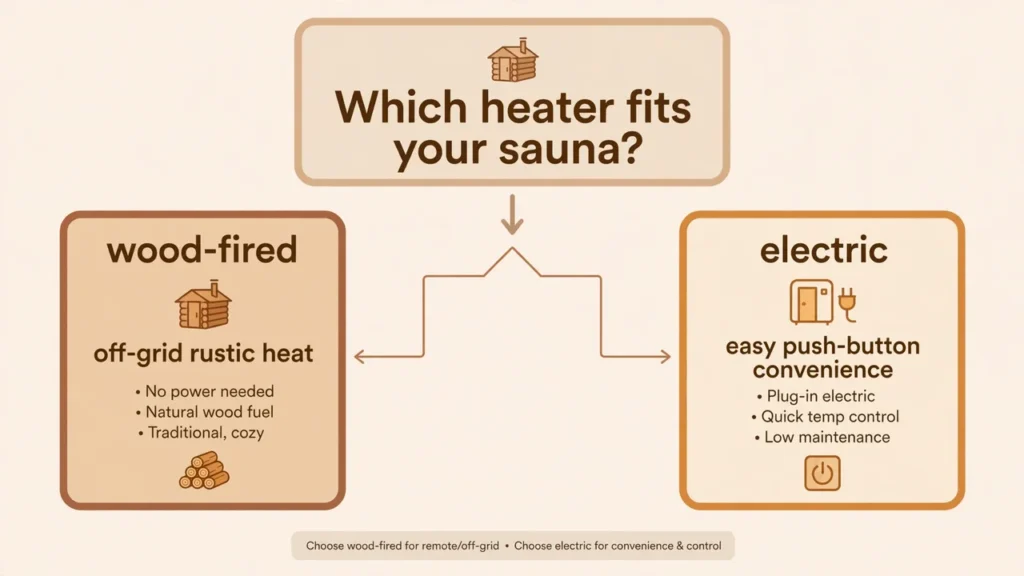 Decision flowchart helping readers choose between a wood fired and electric outdoor sauna heater