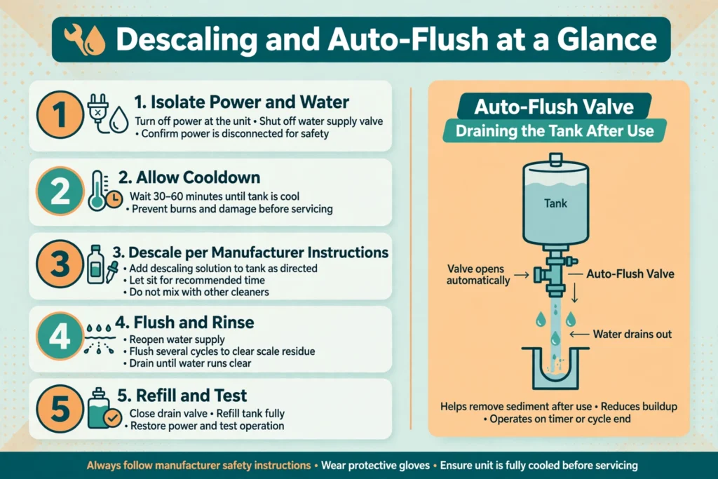 Step infographic for steam generator descaling and auto-flush draining after use