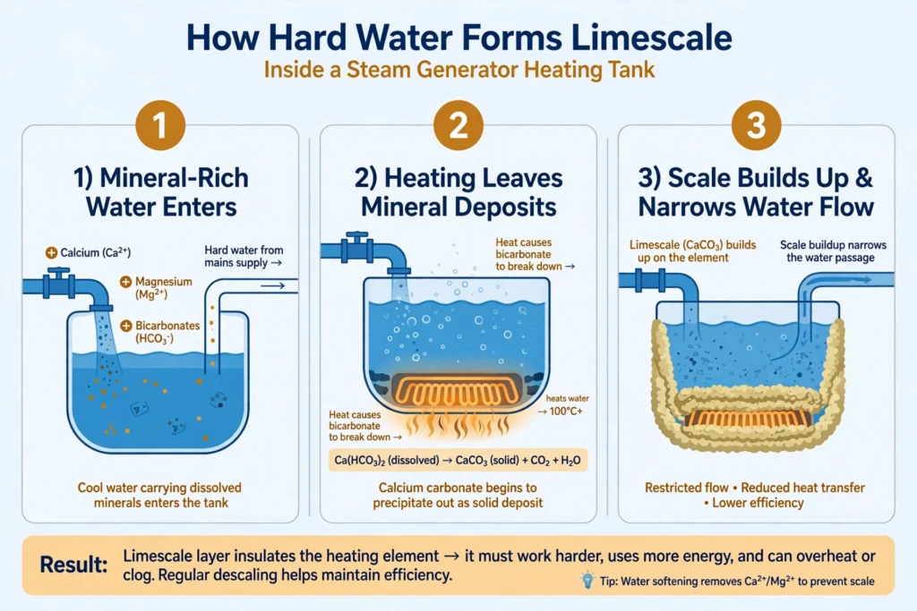 Diagram showing how hard water leaves mineral scale on a steam generator heating element