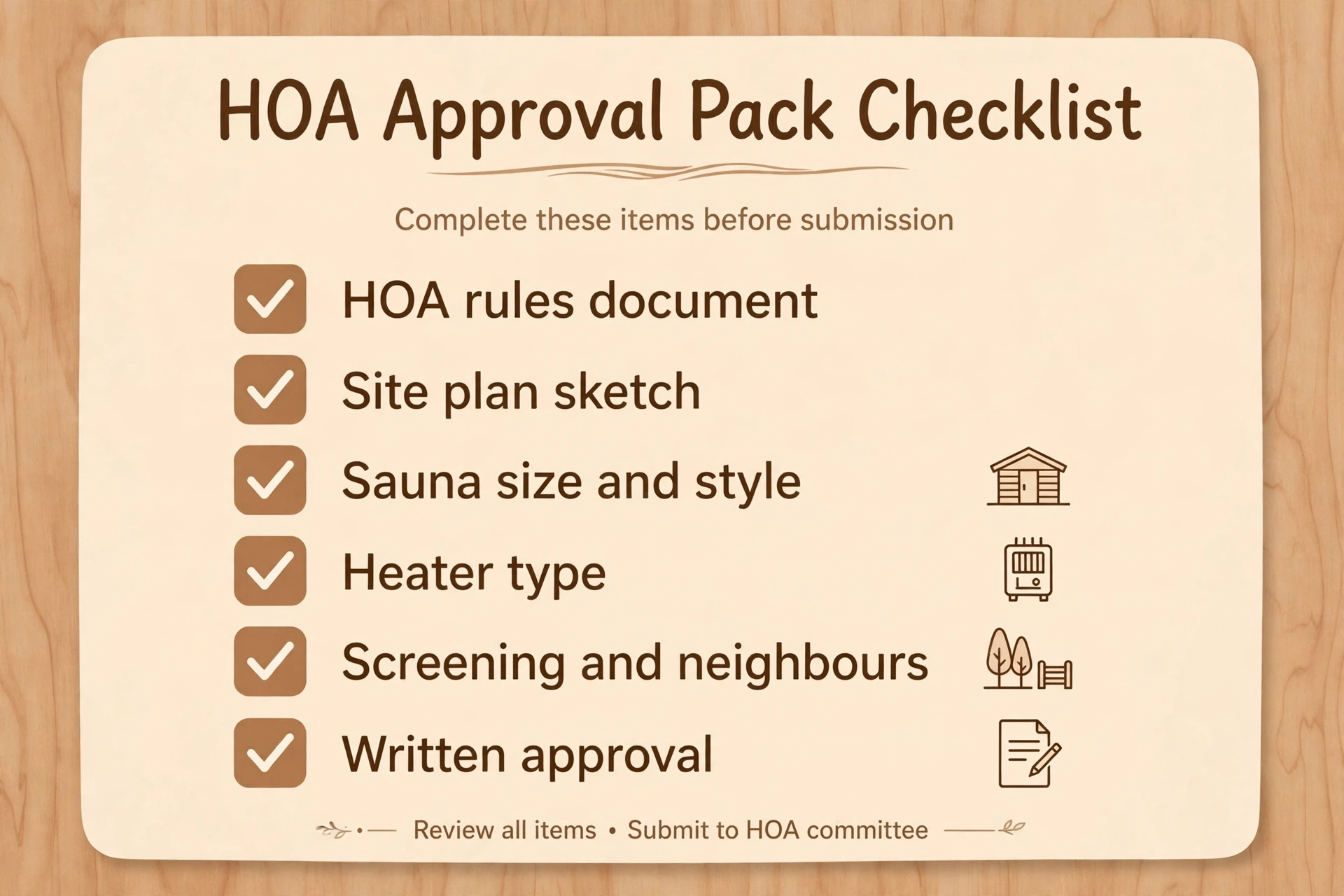 HOA approval pack checklist for an outdoor sauna permit, including HOA rules, site plan, sauna style, heater type, screening, and written approval