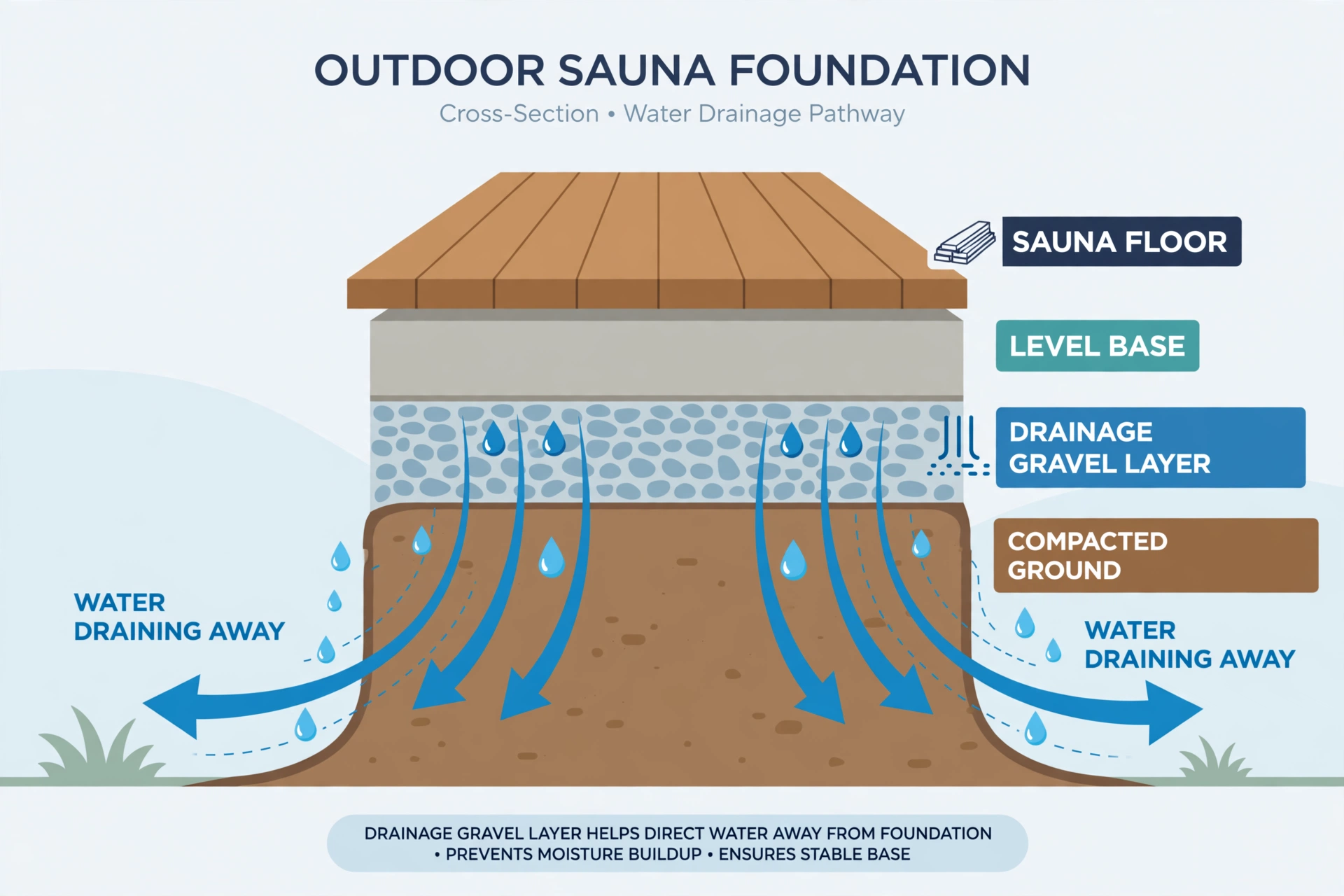 Cross-section diagram of an outdoor sauna foundation showing sauna floor, level base, drainage gravel layer and compacted ground with water draining away