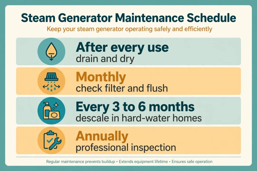 Steam generator maintenance schedule infographic for daily monthly and annual tasks