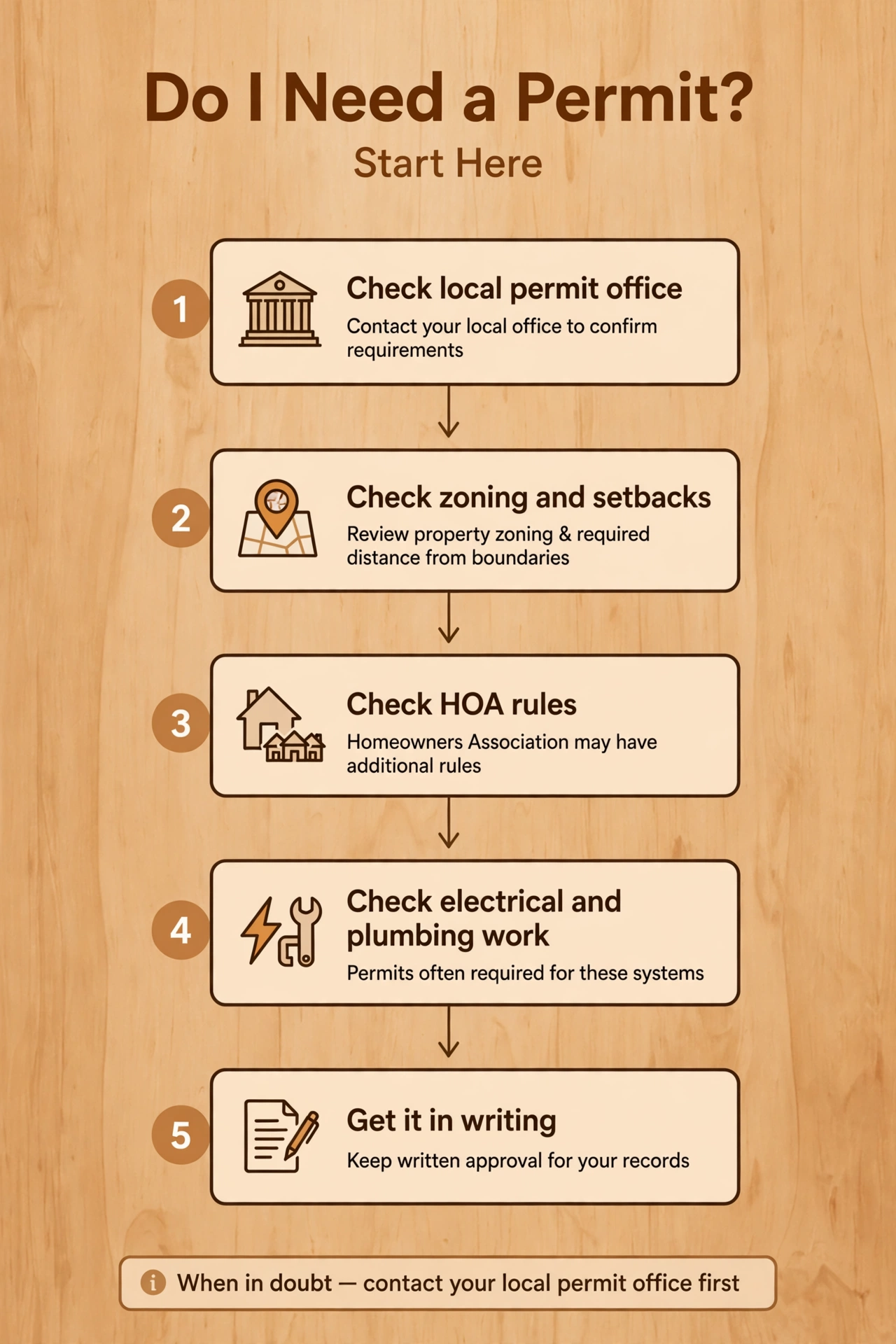 Flowchart for checking whether an outdoor sauna permit is needed, covering the local permit office, zoning and setbacks, HOA rules, and electrical work