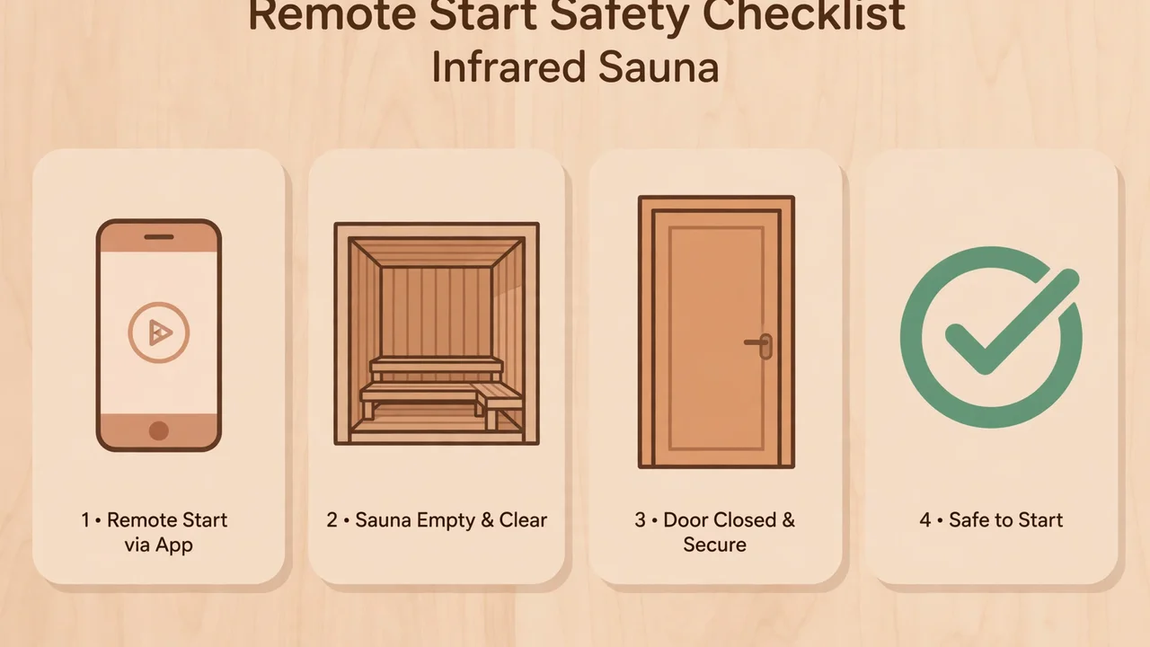 Remote start safety checklist for a smart infrared sauna showing an empty cabin, closed door and checkmark