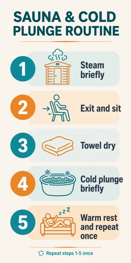 Step-by-step steam sauna cold plunge sequence from steam to towel dry to plunge to warm rest