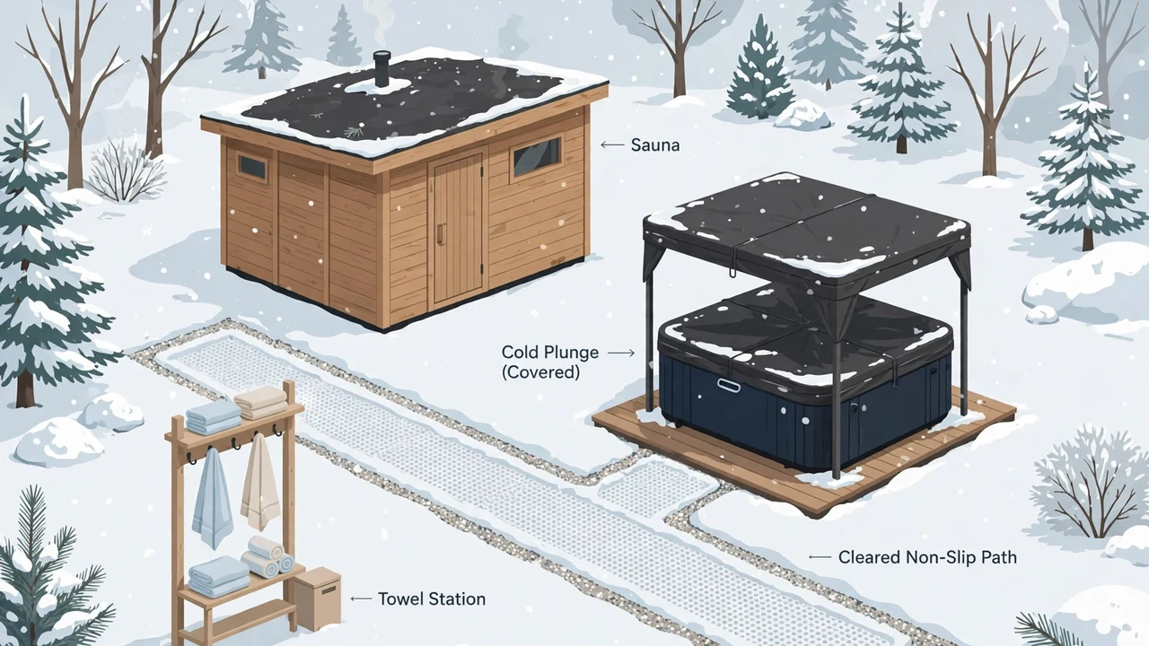 Winter backyard outdoor sauna cold plunge setup with a covered plunge and cleared non-slip path