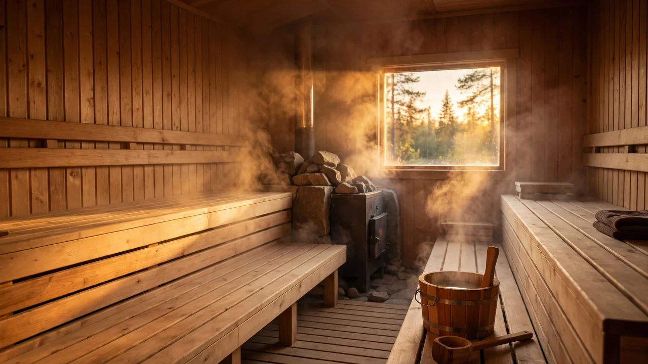 Sauna for longevity: traditional Finnish wooden sauna interior with warm cedar benches and rising steam