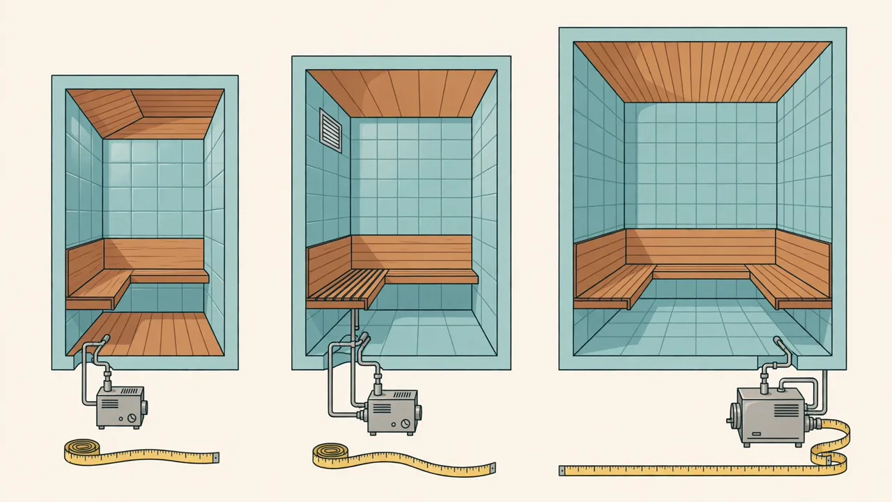 Steam generator size chart showing small, medium and large steam rooms by volume