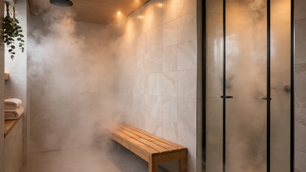 Modern tiled steam room with glass door and bench, showing steam generator size considerations